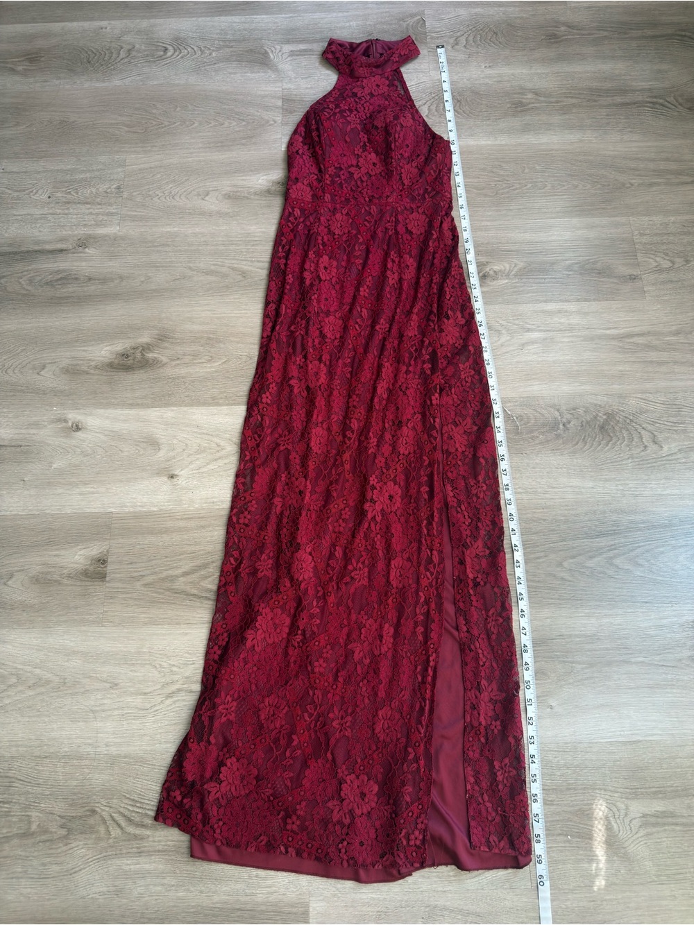 DB Studio Wine Allover Lace Halter Gown with Slit Size 4 - Picture 12 of 14